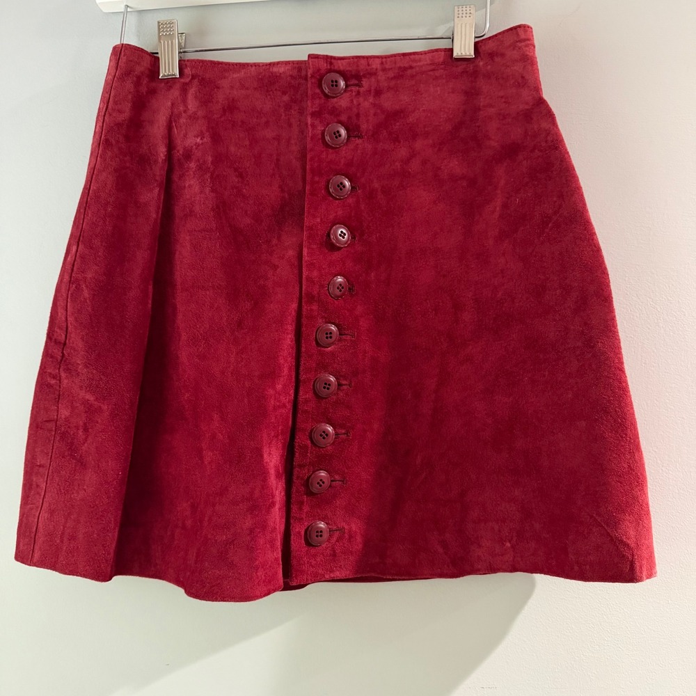 Express Vintage Suede Mini Skirt Womens 7/8 Red Button Front A-Line Deadstock
